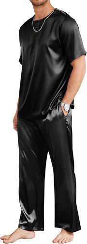 Men's Black Satin Silk Short Sleeve Shirt & Pants Pajamas Set