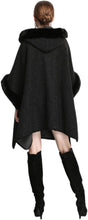 Load image into Gallery viewer, Stylish Navy Blue Wool Hooded Fur Poncho Cardigan