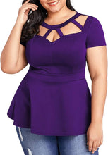 Load image into Gallery viewer, Plus Size Purple Cut Out Peplum Short Sleeve Top