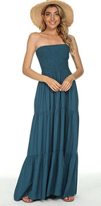 Boho Beach Strapless Floral Coral Maxi Dress