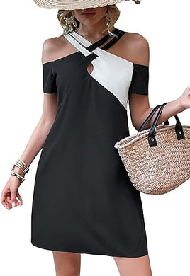 Black & White Color Block Cold Shoulder Mini Dress