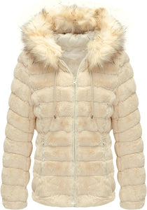 Faux Fur Collar White Reversible Hooded Puffer Coat