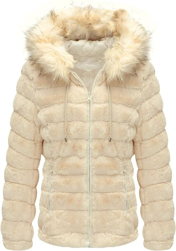 Faux Fur Collar Light Coffee Reversible Hooded Puffer Coat