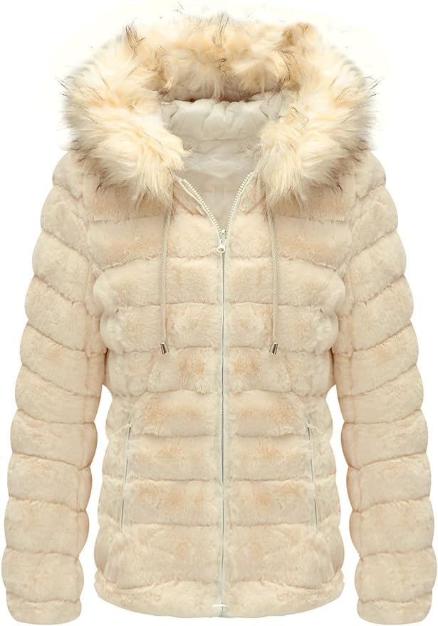 Faux Fur Collar Light Coffee Reversible Hooded Puffer Coat