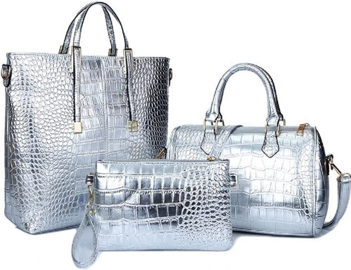 3-PC Silver Crocodile Pattern Top Handle Bag Set