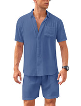 Load image into Gallery viewer, Casual Men&#39;s Blue Vacation Style Shirt &amp; Shorts Set