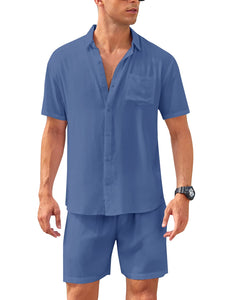Casual Men's Blue Vacation Style Shirt & Shorts Set