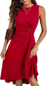 Red Sleeveless Ruched Flowy Midi Cocktail Party Dress