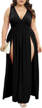 Load image into Gallery viewer, Plus Size Black Deep V Dual Split Maxi Dress
