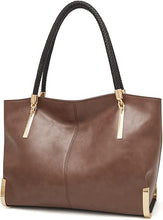 Load image into Gallery viewer, Gold Metal Brown Genuine Leather Top Handle Tote Style Handbag