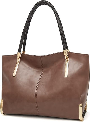 Gold Metal Brown Genuine Leather Top Handle Tote Style Handbag