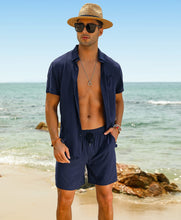 Load image into Gallery viewer, Casual Men&#39;s Blue Vacation Style Shirt &amp; Shorts Set