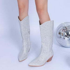 Stylish Sequin Glitter Silver Cowboy Boots