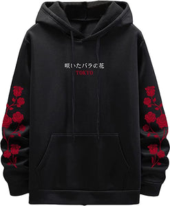 Men's Casual Drawstring Black Rose Long Sleeve Hoodie