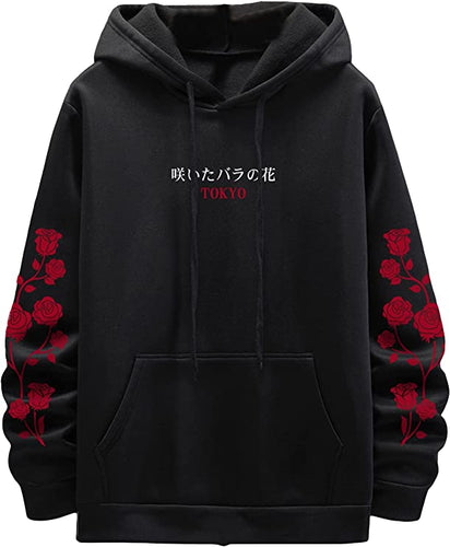 Men's Casual Drawstring Black Tokyo Long Sleeve Hoodie