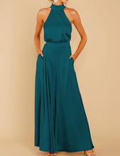 Load image into Gallery viewer, Satin Hunter Green Halter Tied Sleeveless Wide Leg Jumpsuit