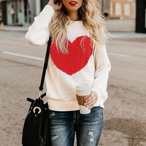 Winter Heart Patchwork Beige/Red Knit Long Sleeve Sweater