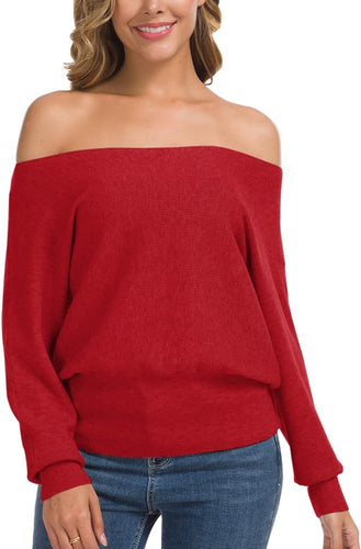 Soft Knit Red Off Shoulder Long Sleeve Winter Sweater