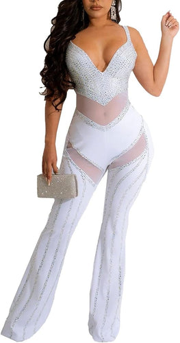 White Studded Mesh Sweetheart Sequin Sleeveless Jumpsuit