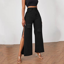 Load image into Gallery viewer, High Waist Black Denim Wide Leg Slit Style Jeans