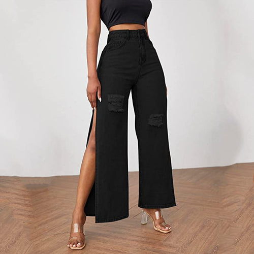 High Waist Black Denim Wide Leg Slit Style Jeans