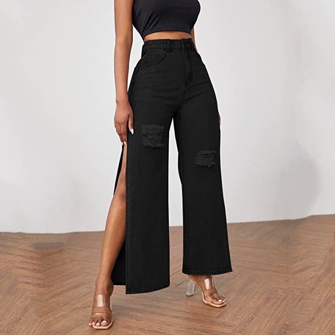 High Waist Black Denim Wide Leg Slit Style Jeans