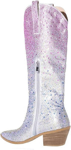 Rhinestone Knee High Sequin Mid-silver Cowboy Boots