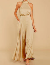 Load image into Gallery viewer, Satin Hunter Green Halter Tied Sleeveless Wide Leg Jumpsuit
