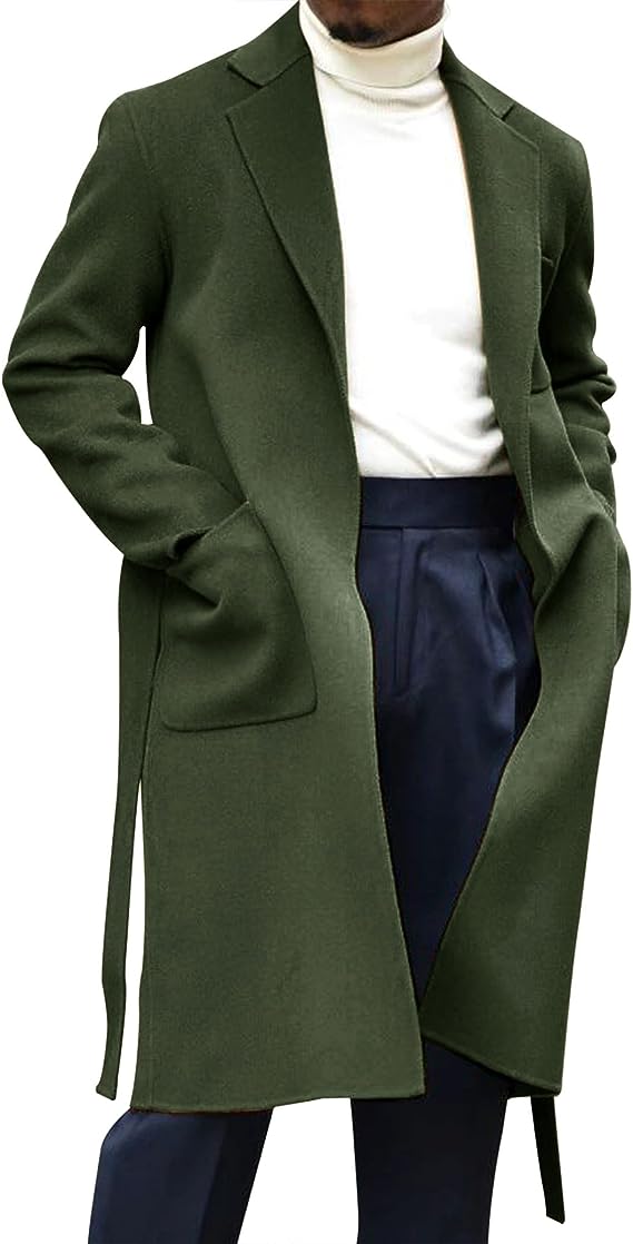 Men's Italia Belted Long Sleeve Green Winter Pea Coat