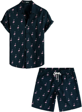Men's Navy Blue Flamingo Vacation Shirt & Shorts Set