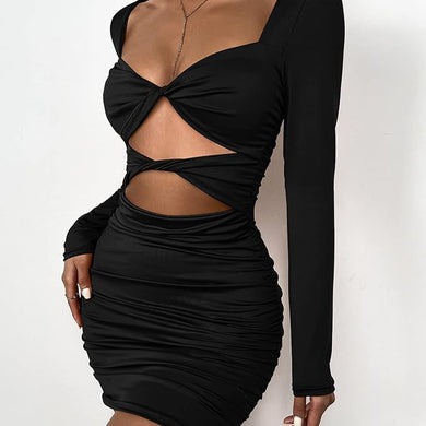Twisted Cut Out Black Long Sleeve Bodycon Dress