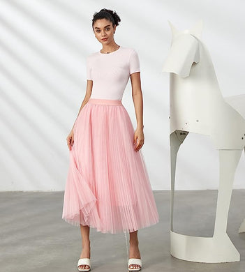 Prestigious Tulle Pink Pleated Flowy Maxi Skirt