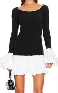 Black-White Crew Neck Puffy Long Sleeve Mini Dresses