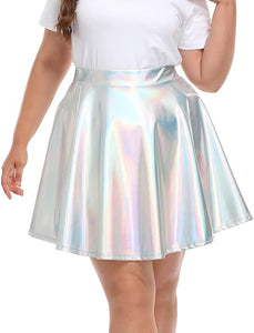 Plus Size Gold Faux Leather Metallic Pleated Skater Skirt