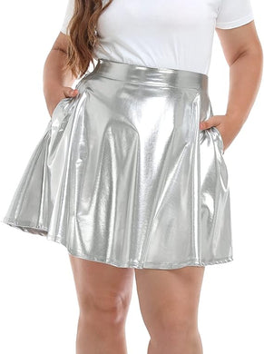 Plus Size Silver Faux Leather Metallic Pleated Skater Skirt