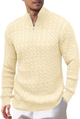 Men's Beige Textured Zip Up Long Sleeve Sweater