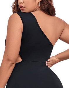 Plus Size Black One Shoulder Ruched Asymmetrical Maxi Dress