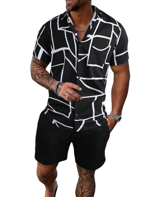 Men's Black Geometric Short Sleeve Shirt & Shorts Set