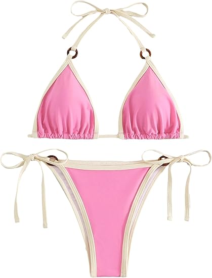 Vacation Chic Triangle Bikini Contrast Pink Swimsuit