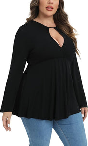 Plus Size Navy Blue Long Sleeve Keyhole Flare Top