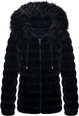 Faux Fur Collar Black Reversible Hooded Puffer Coat