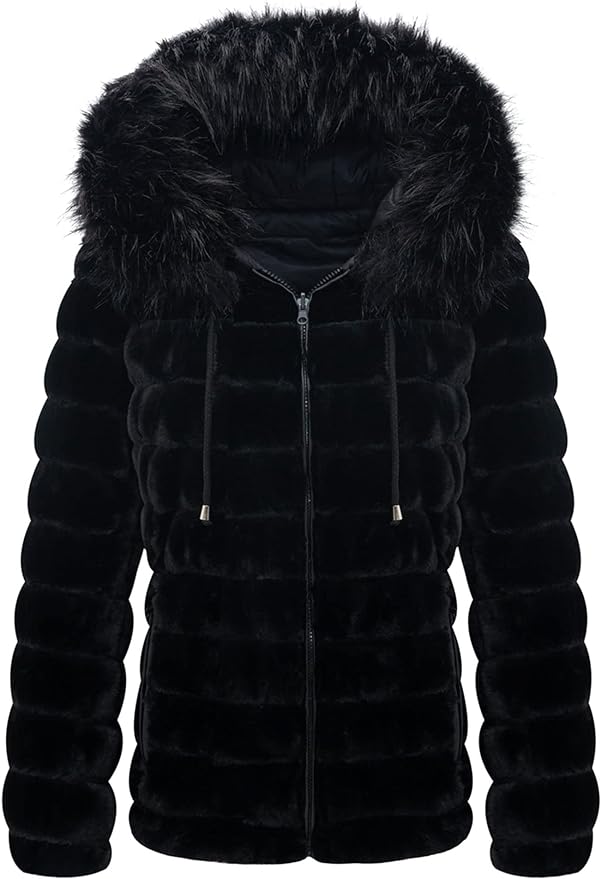 Faux Fur Collar Black Reversible Hooded Puffer Coat