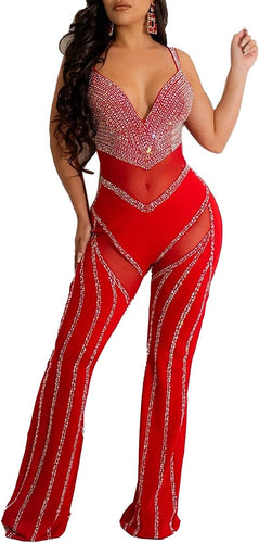 Red Studded Mesh Sweetheart Sequin Sleeveless Jumpsuit