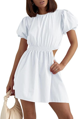 Stylish White Cut Out Puff Sleeve Mini Dress