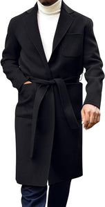 Men's Italia Belted Long Sleeve Black Winter Pea Coat