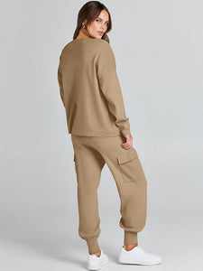 Winter Knit Beige Cargo Jogger Sweatsuit Long Sleeve Top & Pants Set