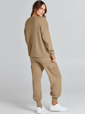 Winter Knit Khaki Cargo Jogger Sweatsuit Long Sleeve Top & Pants Set