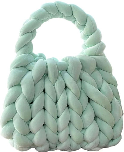 Handwoven Chunky Yarn Knit Mint Green Shoulder Bag Handmade Braided Purse