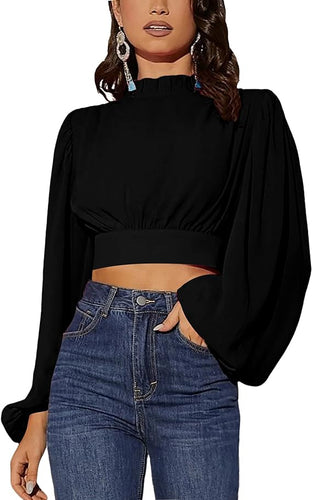 Black Ruffled Neck Long Sleeve Top