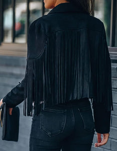 Moto Chic Black Fringed Faux Suede Leather Crop Jacket